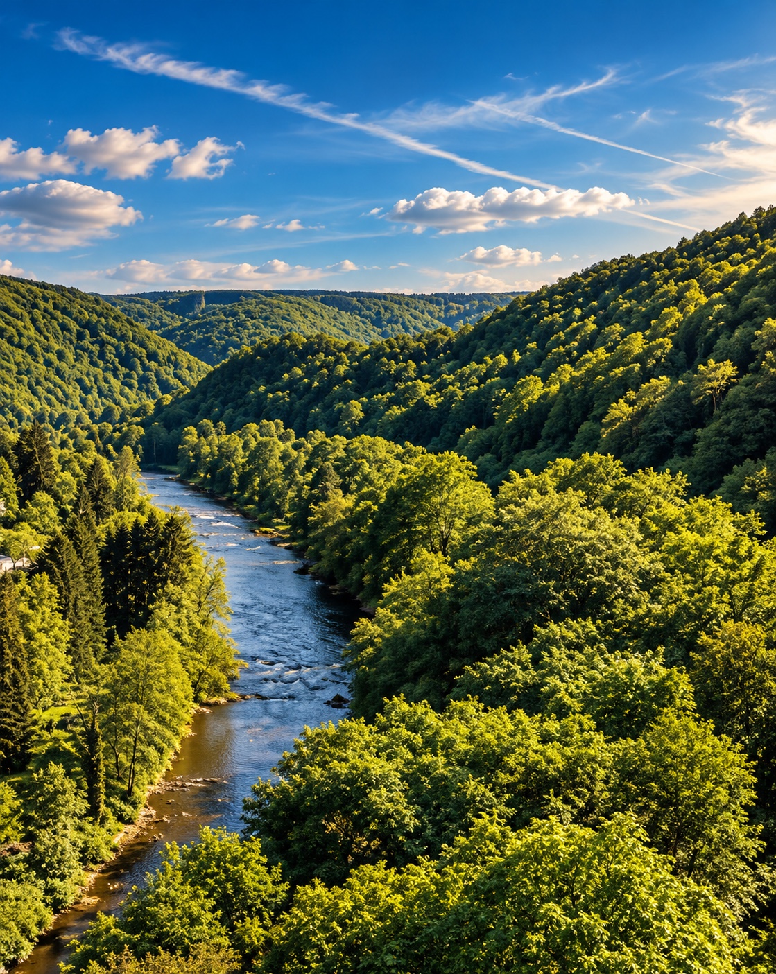 Groene heuvels en een rivier in de Ardennen