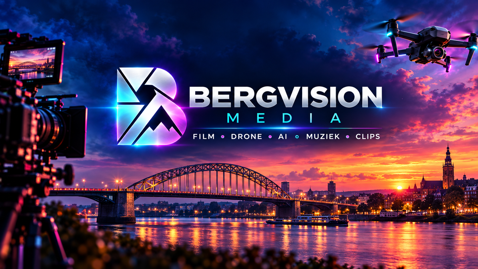 Bergvision Media — Film, Drone, AI, Muziek en Clips, met het zilveren logo, de Waalbrug, camera en drone